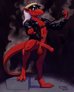 anthro balls bottomless clothed clothing erection eyewear foreskin genitals hair hat headgear headwear horn humanoid_genitalia humanoid_penis jacket leash leather leather_clothing leather_jacket leather_topwear male open_clothing open_jacket open_topwear penis pointy_ears red_body smile solo step_pose sunglasses tail topwear white_hair flyttic disney gargoyles brooklyn_(gargoyles) gargoyle scalie 4:5 digital_media_(artwork) hi_res