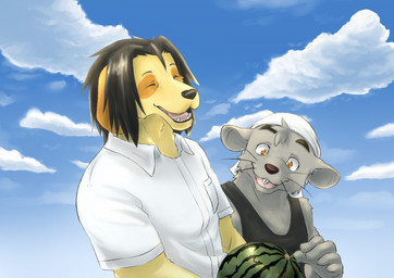 anthro biped black_clothing black_hair black_shirt black_tank_top black_topwear clothing cloud duo eyes_closed food fruit fur grey_body grey_fur hair humanoid_hands kemono male melon plant shirt tan_body tan_fur tank_top topwear watermelon kurocls_2 morenatsu chuukichi_mori kyouji_takahara bird_dog canid canine canis domestic_dog hunting_dog labrador mammal mouse murid murine retriever rodent 2014