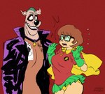 2017 anonymous_artist anthro batman_(series) canid canine canis cape clothed clothing coat cosplay creepy_smile dc_comics domestic_dog duo eyewear female glasses gloves great_dane handwear hanna-barbera human humor liefeldianabomination male mammal mastiff molosser parody robin_(dc) scooby-doo scooby-doo_(series) signature simple_background smile surprised_expression the_joker topwear velma_dinkley