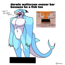 anthro biped blue_body censor_bar censored_feet claws countershade_face countershade_neck countershade_tail countershade_torso countershading dot_pupils fin finger_claws fish_tail flesh_fang front_view gills head_fin looking_down male markings multicolored_body muscular muscular_anthro muscular_male neck_gills nude nude_anthro nude_male open_mouth orange_body pecs red_stripes simple_background snout solo striped_fin striped_markings striped_tail stripes tail tail_fin tail_markings text torso_shot two_tone_body white_background white_body white_countershading white_sclera skykdotidot cartoon_network the_amazing_world_of_gumball darwin_watterson sky_k.i._(character) aquatic fish shark 1:1 2024 artist_name digital_drawing_(artwork) digital_media_(artwork) english_text full-length_portrait hi_res multiple_images portrait reference_image