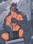 abs anthro black_body black_bottomwear black_clothing black_fur black_shorts blue_eyes bottomwear brown_body brown_countershading brown_fur brown_markings clenched_teeth clothed clothing countershading fist fur kemono locker_bench locker_room looking_at_viewer male markings muscular muscular_male narrowed_eyes navel red_markings resting_arms scar shorts sitting solo spread_thighs teeth three-quarter_view topless kuromonsart 2024 absurd_res hi_res portrait three-quarter_portrait watermark