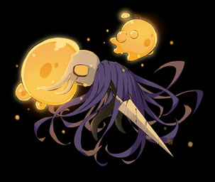 ambiguous_gender biped black_background black_body cloak clothing glowing holding_melee_weapon holding_object holding_weapon horn melee_weapon nail_(weapon) orange_eyes simple_background solo weapon arizuka00 hollow_knight team_cherry broken_vessel_(hollow_knight) arthropod infected_(species) vessel_(species) 2021
