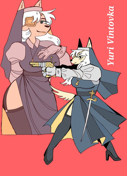 anthro black_clothing black_eyes black_footwear black_high_heels black_nose christian_symbol clothing dress eye_patch eyewear female footwear fur gesture gloves grey_clothing grey_dress grey_legwear grey_stockings gun hair hand_gesture handwear high_heels holding_gun holding_object holding_ranged_weapon holding_weapon legwear lips melee_weapon nun nun_outfit pointing pumps ranged_weapon red_background religion religious_symbol shoes side_view simple_background solo stockings sword tan_body tan_fur tan_inner_ear text three-quarter_view weapon white_hair puppkittyfan1 christianity yuri_vintovka_(puppkittyfan1) canid canine canis mammal 2022 digital_media_(artwork) english_text full-length_portrait hi_res portrait three-quarter_portrait