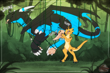 animal_genitalia anthro black_body black_claws black_scales blue_body blue_scales claws duo erection female feral genital_slit genitals grass handjob horn male male/female membrane_(anatomy) membranous_wings pawpads penile pink_pawpads plant purple_eyes scales sex suspension white_claws white_horn wings yellow_body yellow_scales cocodrops_(artist) mythology dragon kobold mythological_creature mythological_scalie scalie 3:2