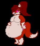 ambiguous_gender ambiguous_prey anthro belly big_belly bottomwear bouncing_belly breasts clothing ear_motion gynomorph gynomorph_pred hair hand_on_belly hand_on_hip intersex intersex_pred navel overweight ponytail squirming vore hausedge canid canine fox mammal 2017 animated digital_media_(artwork) pixel_(artwork) pixel_animation short_playtime trans_(lore)