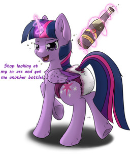 alcohol beverage bubble cider clean_diaper clothed clothing cutie_mark diaper drunk drunk_bubble female feral fur furgonomic_diaper furgonomics horn looking_at_viewer looking_back looking_back_at_viewer magic magic_user mane markings purple_body purple_eyes purple_fur purple_mane purple_tail purple_wings quadruped rear_view solo striped_mane striped_markings striped_tail stripes substance_intoxication tail tail_markings talking_to_viewer telekinesis text wearing_diaper wings playful_wings friendship_is_magic hasbro my_little_pony mythology twilight_sparkle_(mlp) equid equine mammal mythological_creature mythological_equine winged_unicorn 2021 absurd_res digital_drawing_(artwork) digital_media_(artwork) english_text hi_res
