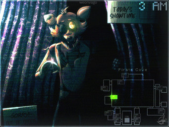 anthro camera camera_hud camera_overlay camera_view curtains curtains_open detailed_background exposed_endoskeleton eye_patch eyewear fingers glowing glowing_eyes hook hook_hand machine male open_mouth sharp_teeth sign solo teeth text weonvago five_nights_at_freddy's scottgames foxy_(fnaf) animatronic canid canine fox mammal robot 2025 4:3 artist_name digital_media_(artwork) hi_res unavailable_at_source