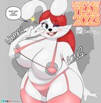 anthro big_breasts big_butt bikini breasts butt clothing female hair holidays makeup nipple_outline red_hair solo swimwear thick_thighs tight_clothing two-piece_swimsuit rarehare new_year marie_rabbit_(rarehare) lagomorph leporid mammal rabbit hi_res