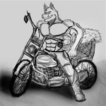 abs anthro bottomwear clothed clothing eyebrows fangs footwear fur looking_at_viewer male motorcycle motorcycle_helmet muscular muscular_anthro muscular_male pants pecs shoes solo teeth topless vehicle jawad9875 league_of_legends riot_games tencent warwick_(lol) canid canine canis mammal wolf 2024 absurd_res greyscale hi_res monochrome sketch