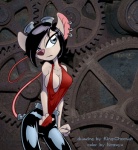 anthro black_hair blue_eyes breasts clothed clothing ear_piercing eyewear female goggles hair piercing side_boob skimpy solo tail king-cheetah sankam chip_'n_dale_rescue_rangers disney glitch_(chip_'n_dale_rescue_rangers) mammal mouse murid murine rodent artist_collaboration hi_res