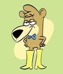 black_nose boots bow_tie brown_body brown_hair clothing footwear green_background hair half-closed_eyes long_boots male narrowed_eyes shoes simple_background smile solo essnstuffs hanna-barbera jellystone_(hbo_max) yogi_bear boo-boo_bear bear mammal