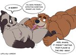2019 anthro bear brown_bear brown_body brown_fur butt dave_(password) dean_(password) dialogue duo elalvaradog english_text eye_contact fur genitals hi_res hyena looking_at_another lying male male/male mammal moobs nipples on_front overweight overweight_male password_(visual_novel) penis simple_background speech_bubble striped_hyena text ursine white_background