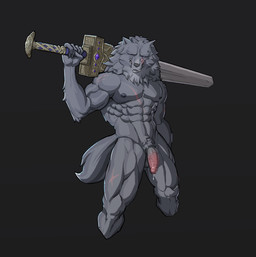anthro biceps genitals holding_object holding_weapon humanoid_genitalia humanoid_penis male melee_weapon muscular penis solo sword weapon usingincognito elden_ring fromsoftware blaidd_(elden_ring) canid canine canis mammal wolf hi_res
