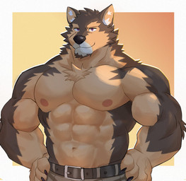 abs anthro belt biceps black_nose brown_body brown_fur countershade_arms countershade_face countershade_torso countershading fur hair male multicolored_body multicolored_fur muscular muscular_male navel nipples pecs purple_eyes shirtless_male smile solo standing two_tone_body two_tone_fur dakrpo lifewonders live_a_hero pubraseer canid canine canis domestic_dog mammal absurd_res hi_res