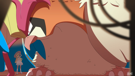 ambiguous_gender cramped cramped_wings duo extreme_size_difference feathered_wings feathers female feral foreground_silhouette front_view inside larger_ambiguous larger_feral leaning leaning_forward looking_at_another macro room_filling size_difference smaller_female smaller_human standing wings all0412 nintendo pokemon lillie_(pokemon) generation_6_pokemon human mammal mega_evolution mega_pidgeot pokemon_(species) 16:9 2023 absurd_res cel_shading digital_media_(artwork) digital_painting_(artwork) hi_res painting_(artwork) shaded widescreen