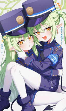 belt blue_bottomwear blue_clothing blue_footwear blue_hat blue_headwear blue_shirt blue_shoes blue_short blue_skirt blue_topwear blush bottomwear clothing cute_fangs ear_piercing ear_ring fangs female footwear gloves green_hair hair halo handwear hat headgear headwear heart_tail hug legwear long_hair lying_on_another open_mouth pantyhose piercing pointy_ears prick_ears ring_piercing shirt shoes simple_background skirt sparkles tail teeth text topwear white_background white_clothing white_gloves white_handwear white_legwear white_pantyhose yellow_eyes young young_female young_humanoid imo_umai02 blue_archive nexon hikari_(blue_archive) nozomi_(blue_archive) demon demon_humanoid humanoid tailed_humanoid 3:5 absurd_res hi_res translation_request