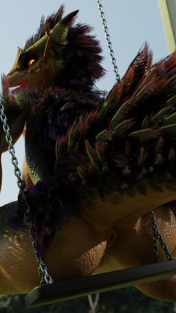 2_horns anthro anthrofied anus barely_visible_genitalia barely_visible_vulva big_butt blue_sky blurred_background breasts butt chain day dutch_angle feathers female genitals glowing glowing_eyes green_body green_scales horn looking_at_viewer looking_back looking_back_at_viewer low-angle_view open_mouth outside puffy_anus rear_view scales sitting_on_swing sky solo spread_legs spreading swing tail tan_body tan_scales thick_thighs vulva yellow_eyes mrs_dexie furromantic_(modeler) capcom monster_hunter bird_wyvern seikret 2025 3d_(artwork) 9:16 absurd_res digital_media_(artwork) hi_res