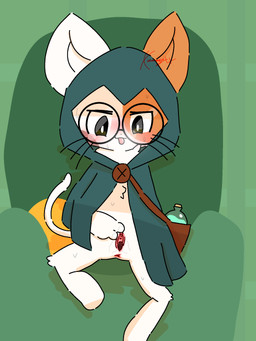anthro anus black_eyes black_nose brown_markings cloak clothing eyewear featureless_chest featureless_feet feet female female_anthro front_view fur furniture genitals glasses green_background humanoid_genitalia humanoid_vulva markings on_sofa orange_ears orange_markings potion rubbing_vulva simple_background sitting sitting_on_sofa sofa solo spread_legs spreading tail tongue tongue_out vulva wearing_glasses white_body white_ears white_fur white_tail conditional_dnp xammyxx meow_tower calico_cat domestic_cat felid feline felis mammal 2026 3:4 digital_media_(artwork) english_description hi_res ibispaint_(artwork) shaded signature watermark