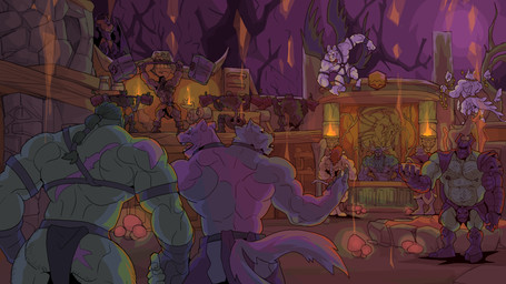 anthro armor barazoku barbell bottomwear clothing green_body green_skin group hair headgear helmet loincloth male muscular muscular_anthro muscular_humanoid muscular_male orcus_challenge scar wings rickleone double_head canid canine canis humanoid mammal orc wolf absurd_res hi_res