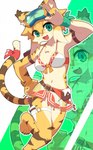 2024 absurd_res anthro arm_pouch belt belt_pouch bikini blonde_hair bracelet breasts chest_tuft clothing cygames eyebrows eyewear eyewear_on_head feet felid female fur goggles goggles_on_head green_eyes hair hand_on_hip hi_res inner_ear_fluff jewelry kemono looking_at_viewer mammal mia_(world_flipper) open_mouth open_smile pantherine sasaki_x_01 smile solo striped_body striped_fur stripes swimwear tan_body tan_fur tiger tuft two-piece_swimsuit world_flipper yellow_body yellow_fur