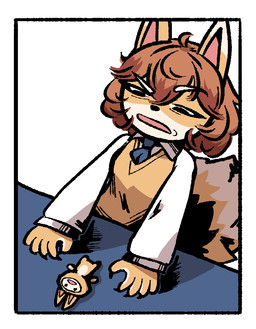 anthro border brown_hair claws clothing collared_shirt disgust female furniture hair necktie shirt sweater sweater_vest table topwear vest white_border anonymous_artist bully_fox canid canine fox labubu mammal