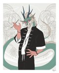 2_horns asian_clothing chinese_clothing clothing east_asian_clothing eyewear fur glasses green_body green_fur horn male solo white_body white_fur shikayoshi mythology dragon eastern_dragon mythological_creature mythological_scalie scalie 2024 absurd_res hi_res