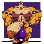 1:1 2021 2_horns abs absurd_res anklet anthro armband balls balls_outline biceps big_balls big_bulge big_muscles big_penis bobert body_hair border bowser bracelet bulge chest_hair clothing collar detailed_bulge erection eyebrows front_view genital_outline genitals hair happy_trail hi_res horn huge_balls huge_bulge huge_muscles huge_penis humanoid_genitalia humanoid_penis hyper hyper_balls hyper_bulge hyper_genitalia hyper_muscles hyper_penis jewelry koopa legband looking_at_viewer male mario_bros muscular muscular_anthro muscular_male narrowed_eyes navel nintendo nipples obliques pecs penis pubes purple_background quads scalie simple_background smile smirk solo spiked_anklet spiked_armband spiked_bracelet spiked_collar spiked_legband spikes standing thick_penis thick_thighs thong underwear vein veiny_muscles white_border
