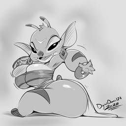 antennae_(anatomy) big_breasts big_butt big_ears breasts butt cleavage clothed clothing cosplay ear_piercing eyelashes hair head_tuft piercing short_hair smile text thick_thighs topwear tube_top tuft conditional_dnp digitaldomain123 disney dreamworks lilo_and_stitch the_road_to_el_dorado bonnie_(lilo_and_stitch) chel_(the_road_to_el_dorado) alien experiment_(lilo_and_stitch) 2026 absurd_res artist_name greyscale hi_res monochrome signature