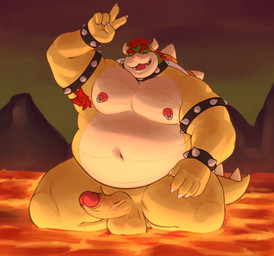 2_horns 5_fingers anthro armband armpit_hair balls body_hair bracelet circumcised claws collar erection eyebrows fingers genitals gesture glans hair hand_gesture horn humanoid_genitalia humanoid_penis jewelry lava male navel nipple_piercing nipples non-mammal_balls non-mammal_nipples open_mouth overweight overweight_anthro overweight_male partially_submerged penis piercing pink_glans red_eyebrows red_eyes red_hair scales sharp_teeth shell solo spiked_armband spiked_bracelet spiked_collar spiked_shell spiked_tail spikes spikes_(anatomy) tail teeth v_sign vein veiny_penis white_claws yellow_body yellow_scales justshu mario_bros nintendo bowser koopa scalie 2025 absurd_res english_description hi_res