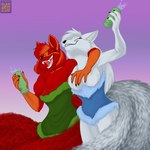 alcohol anthro beverage black_nose breasts clothed clothing dress duo exposed_breasts eyes_closed featureless_breasts female fur gradient_background hair open_mouth red_body red_fur red_hair simple_background tail white_body white_fur white_hair foxenawolf krinele_fullin molly_fullin canid canine dreamspinner fox mammal 1:1 2023