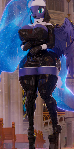 anthro anthrofied armwear big_breasts biped black_clothing black_lips blue_body boots breasts clothed clothing eyelashes feathered_wings feathers female footwear genitals glistening glistening_armwear glistening_clothing glistening_face glistening_legwear glistening_lips glistening_topwear high_heeled_boots high_heels horn legwear lips looking_at_viewer nipple_outline no_underwear nun platform_boots platform_footwear platform_heels pupils shoes solo thick_thighs thigh_boots thigh_highs topwear vulva wide_hips wings vladichslg friendship_is_magic hasbro my_little_pony mythology princess_luna_(mlp) equid equine horse mammal mythological_creature mythological_equine pony winged_unicorn 3d_(artwork) absurd_res digital_media_(artwork) hi_res