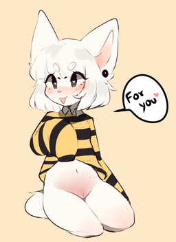 anthro blush body_blush bottomless clothed clothing clothing_lift ear_piercing female fur genitals hair heart_eyes heart_symbol navel open_mouth orange_background oversized_sleeves pattern_clothing pattern_sweater pattern_topwear piercing simple_background solo speech_bubble striped_clothing striped_sweater striped_topwear stripes sweater sweater_lift text topwear vulva vulva_blush white_body white_fur white_hair fredek666 billy_(fredek666) domestic_cat felid feline felis mammal digital_media_(artwork) english_text shaded signature