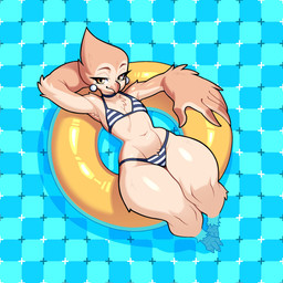 5_fingers amber_eyes anthro beak bikini breasts chest_tuft choker cleavage clothed clothed_anthro clothed_female clothing ear_piercing eyebrows eyelashes feather_hair feather_hands feathers female female_anthro fingers hair half-closed_eyes hand_behind_head high-angle_view jewelry looking_at_viewer narrowed_eyes navel necklace non-mammal_breasts non-mammal_navel optical_illusion partially_submerged pattern_bikini pattern_clothing pattern_swimwear piercing pseudo_hair scuted_legs scutes short_hair small_breasts small_waist smile solo striped_bikini striped_clothing striped_swimwear stripes swim_ring swimming_pool swimwear thick_thighs tuft two-piece_swimsuit water wide_hipped_anthro wide_hipped_female wide_hips budoti morale avian barn_owl bird owl tyto tytonid 1:1 2025 absurd_res full-length_portrait hi_res portrait