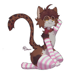 anthro armwear black_eyes black_nose brown_body brown_fur brown_hair cat_smile cheek_tuft closed_smile clothing collar eyewear facial_tuft femboy fur glasses hair hand_behind_head kneeling legwear logo male markings mouth_closed narrowed_eyes pattern_armwear pattern_clothing pawpads paws pink_armwear pink_clothing pink_legwear pink_thigh_highs red_collar round_glasses simple_background smile smirk solo spots spotted_markings spotted_tail striped_armwear striped_clothing stripes tail tail_markings tan_body tan_fur text thigh_highs tuft wearing_glasses white_background yellow_sclera fardreamer kev_(notsosecretphox) domestic_cat felid feline felis mammal 2022 artist_logo artist_name hi_res