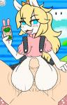 anthro big_butt blonde_hair blue_eyes blush butt cellphone cosplay duo electronics female first_person_view genitals hair hot_dogging interspecies looking_at_viewer looking_back male male/female penis phone rear_view sex third-party_edit trigoat mario_bros mario_plus_rabbids_kingdom_battle nintendo raving_rabbids rayman_(series) ubisoft anon rabbid_peach human lagomorph mammal rabbid 2017 crossover hi_res