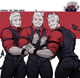 beard belt clothed clothing crossgender facial_hair female ftm_crossgender group hair handwear looking_at_viewer male muscular muscular_male necktie red_eyes simple_background smile spade_tail suit tail white_hair dopq helltaker cerberus_(helltaker) animal_humanoid canid canid_humanoid canine canine_humanoid demon humanoid mammal mammal_humanoid hi_res