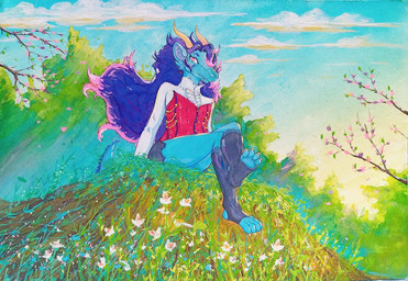 ambiguous_gender anthro blue_body cloud cloudy_sky detailed_background elegant_dress feet flower forest forest_background grass nature nature_background outside plant sky solo tree robbiepanda european_mythology mythology dragon mythological_creature mythological_scalie scalie western_dragon painting_(artwork) traditional_media_(artwork) traditional_painting_(artwork) traditional_watercolor_(artwork) watercolor_(artwork)