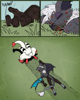anthro black_body black_ear_markings black_fur bottomwear brown_clothing brown_gloves brown_handwear bruised bruised_eye clothing dipstick_tail duo fur gloves hair handwear male markings multicolored_body muscular muscular_male pants red_hands red_legs red_lower_jaw red_tail_tip smile tail tail_markings tuft unconscious white_body white_fluff white_hair white_tuft winged_arms wings wounded 60percentscalie dovak vauruk bat demon mammal 4:5 comic hi_res