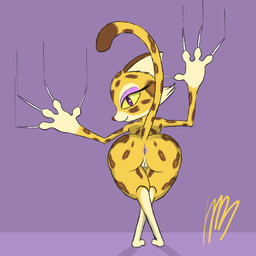 anthro anus butt claw_marks claws countershading female genitals presenting presenting_hindquarters purple_eyes simple_background solo thick_thighs vulva wide_hips maulnarch_blooderfly kirby_(series) kirby_and_the_forgotten_land nintendo clawroline felid leopard mammal pantherine 1:1 hi_res