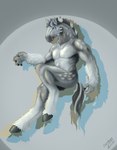 anthro balls biped fangs feathering fur genitals hooves male male_anthro solo teeth unguligrade orobas_(artist) marcas_macmanus draft_horse equid equine horse mammal percheron hi_res