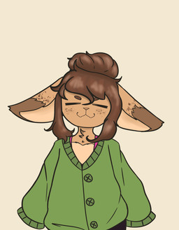 anthro big_ears brown_hair cardigan chibi floppy_ears freckled_ears freckled_face freckles fur hair hair_bun long_hair male silly silly_face solo tan_body tan_fur tuft cappuchino absurd_res hi_res