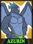 anthro athletic biceps big_muscles blue_body clothed clothing hands_on_hips horn looking_at_viewer male membrane_(anatomy) membranous_wings muscular muscular_anthro muscular_male pose solo speedo swimwear tail topless wings amwulf european_mythology mythology azurin dragon mythological_creature mythological_scalie scalie western_dragon 2012 3:4 character_badge_(artwork) hi_res