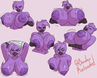 annoyed anthro areola arm_under_breasts beak bedroom_eyes big_breasts bodily_fluids breast_grab breasts clothed clothing clothing_lift feathers female fingers front_view green_eyes half-closed_eyes hand_on_breast huge_breasts humanoid_hands looking_at_viewer low-angle_view motion_lines narrowed_eyes nipples non-mammal_breasts non-mammal_nipples purple_areola purple_body purple_feathers purple_nipples raised_arms seductive shirt shirt_lift simple_background smile solo sweat sweatdrop sweaty_body text topwear under_boob borderreloaded beat_banger bunfan_games zoe_monroe avian bird artist_name colored hi_res multiple_images