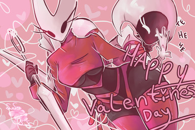 2_horns anthro biped clothed clothing duo empty_eyes eyelashes female fingers holding_melee_weapon holding_object holding_weapon holidays horn legwear melee_weapon pose text thigh_highs thread weapon white_body white_eyes ssleepyflowers hollow_knight:_silksong hollow_knight_(franchise) team_cherry valentine's_day hornet_(hollow_knight) lace_(hollow_knight:_silksong) arachnid arthropod spider 2026 english_text
