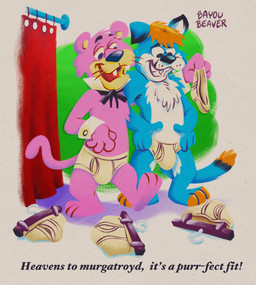 anthro barefoot black_body black_fur black_nose black_text blue_body blue_fur briefs briefs_only bulge clothed clothes_hangers clothing cuff_links curtains duo feet fur looking_down male male/male markings monotone_briefs monotone_clothing monotone_underwear open_mouth open_smile orange_body orange_fur pink_body pink_fur red_curtain sharp_teeth smile striped_markings stripes teeth teeth_showing text tighty_whities topless underwear underwear_only whiskers white_body white_briefs white_clothing white_fur white_underwear bayou_beaver hanna-barbera snagglepuss felid feline mammal absurd_res hi_res signature