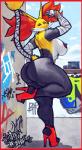 anthro anthrofied areola big_breasts big_butt black_areola black_body black_fur black_nipples border bracelet breasts butt canid canine clothing curvy_figure day delphox erect_nipples female footwear fur generation_6_pokemon ghetto_delphox graffiti high_heels huge_breasts jewelry looking_at_viewer looking_back mammal mostly_nude multicolored_body multicolored_fur nintendo nipples outside platform_footwear platform_heels pokemon pokemon_(species) pokemorph red_body red_border red_fur shoes side_boob signature sligarthetiger solo thick_thighs voluptuous voluptuous_female white_body white_fur yellow_body yellow_fur