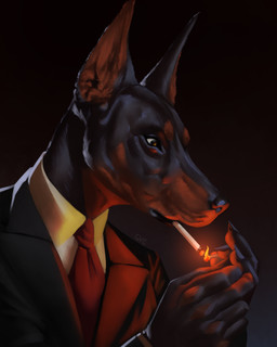 anthro black_background black_body black_claws black_clothing black_fur black_nose black_suit brown_body brown_eyes brown_fur brown_inner_ear_fluff brown_necktie cigarette claws clothed clothed_male clothing detailed_fur dim_lighting fire fully_clothed fully_clothed_male fur gradient_background inner_ear_fluff lighting_cigarette male match necktie short_fur simple_background smoking smoking_cigarette solo suit tuft white_dress_shirt guyinvintageclothes canid canine canis dobermann domestic_dog mammal pinscher 2023 detailed digital_media_(artwork) hi_res portrait shaded signature