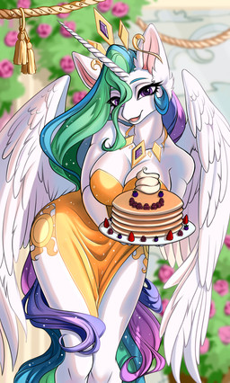 anthro big_breasts breasts cleavage clothed clothing crown dress female food gem gold_dress headgear horn jewelry pancake solo text thick_thighs white_body wings livitoza friendship_is_magic hasbro my_little_pony mythology princess_celestia_(mlp) equid equine horse mammal mythological_creature mythological_equine pony winged_unicorn artist_name hi_res tagme
