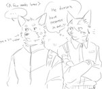 anthro claws clothed clothing dialogue duo ellipsis fingers fur male text thought_bubble rcta_9 canid canine canis domestic_cat domestic_dog felid feline felis mammal english_text hi_res monochrome