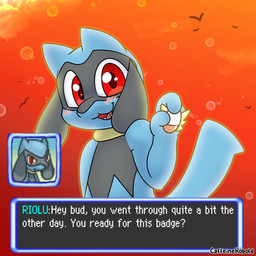 after_transformation ambiguous_gender anthro badge black_body black_fur blue_body blue_fur bubble fur holding_object implied_transformation looking_at_viewer open_mouth red_eyes sharp_teeth solo sunset teeth text text_box caffeinekobold nintendo pokemon pokemon_mystery_dungeon spike_chunsoft avian canid canine generation_4_pokemon mammal pokemon_(species) riolu 1:1 english_text headshot_portrait hi_res portrait